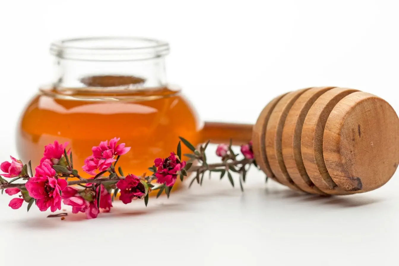 Pot de miel doré posé sur fond blanc, cuillère en bois et fleurs roses évoquant le miel de manuka