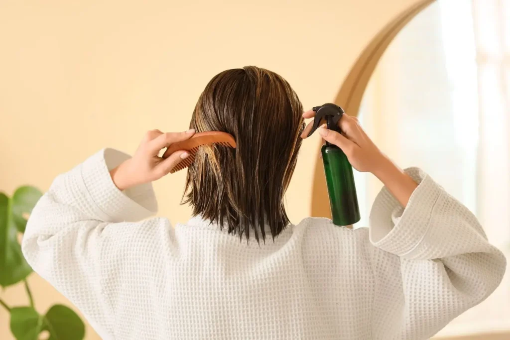 Personne en peignoir vaporisant ses cheveux, illustrant une routine capillaire nourrie par la levure de bière qui fortifie et stimule la brillance naturelle