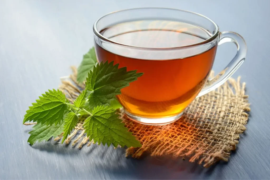 Tasse de thé ambré posée sur toile de jute avec feuilles vertes fraîches, image qui illustre l’équilibre hormonal par des solutions naturelles.